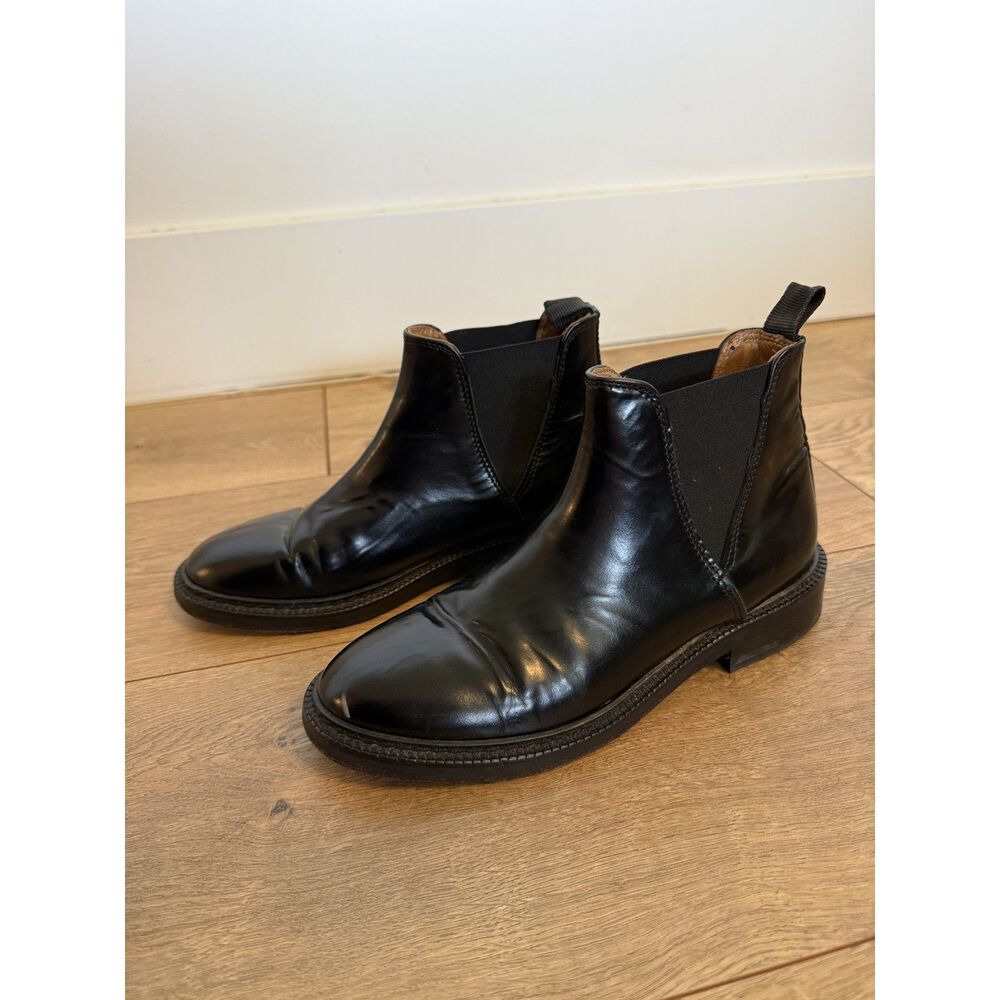 AGNES B. 36 PARIS chelsea black leather Glossy boot France Round Toe Flat Bootie